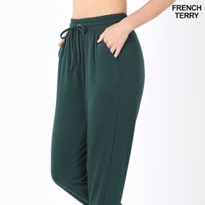 Zenana French Terry Jogger soft sweatpants with elastic waistband Deep Green XL